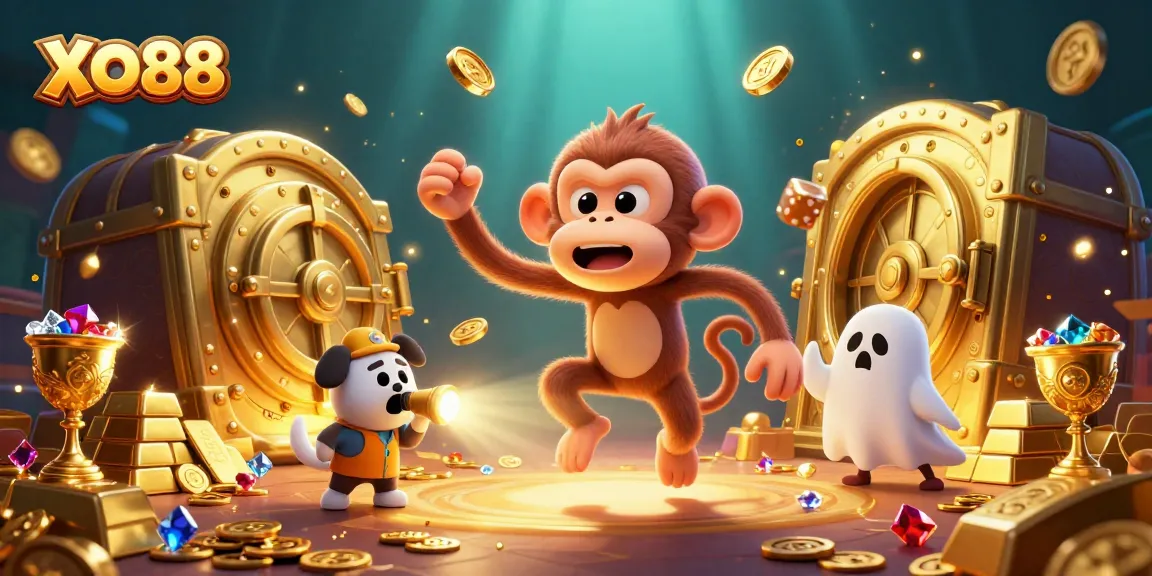 Experience thrilling fun at XO88 with the playful poltergeist monkey and ghost-hunter puppy amid riches
