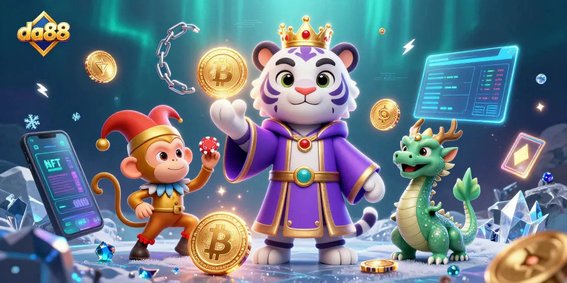 Engage in exciting gambling at da88 with a lively scene featuring a royal purple tiger and playful monkey.