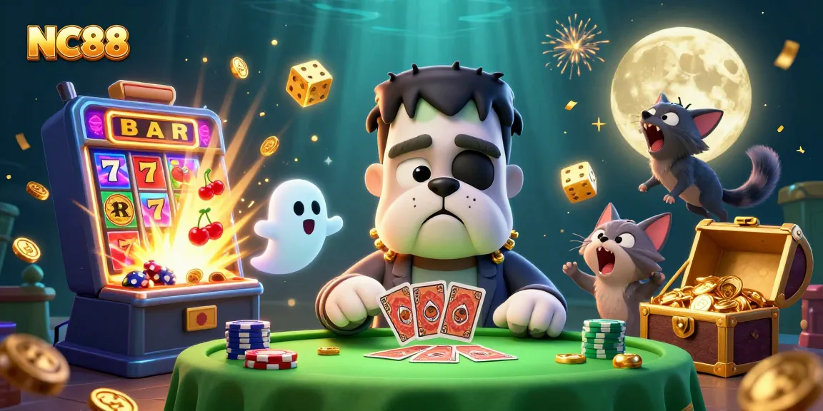 NC88's spooky gaming scene with a Frankenstein bulldog and treasure-filled slot machine.