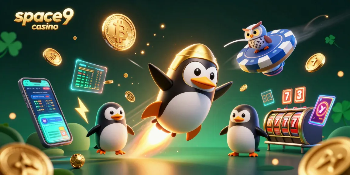 Join the adventure at space9 casino with a golden penguin racing to a poker chip casino amidst vibrant cryptocurrency visuals.