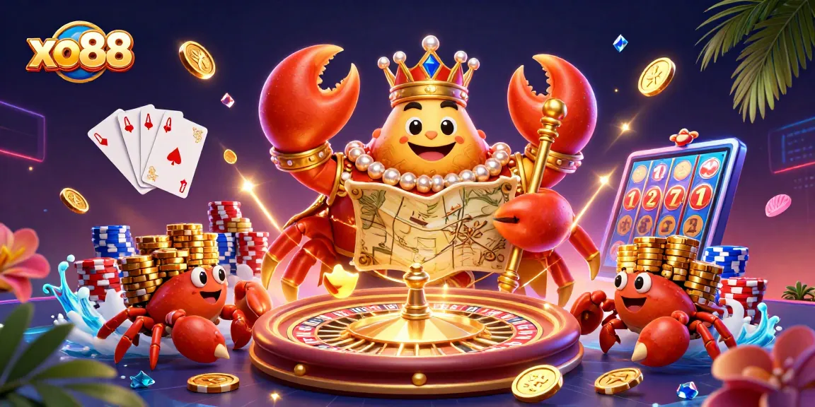 Experience the thrilling excitement of xo88 with the golden crab emperor amidst vibrant gambling elements.