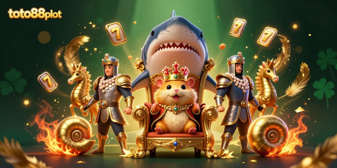 Engage with the vibrant toto88slot scene featuring a hamster king on a megalodon throne amidst golden slot elements.