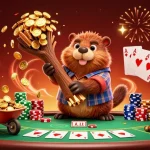 Win big with fabet com while the beaver chops trees raining gold coins in this vibrant casino scene.