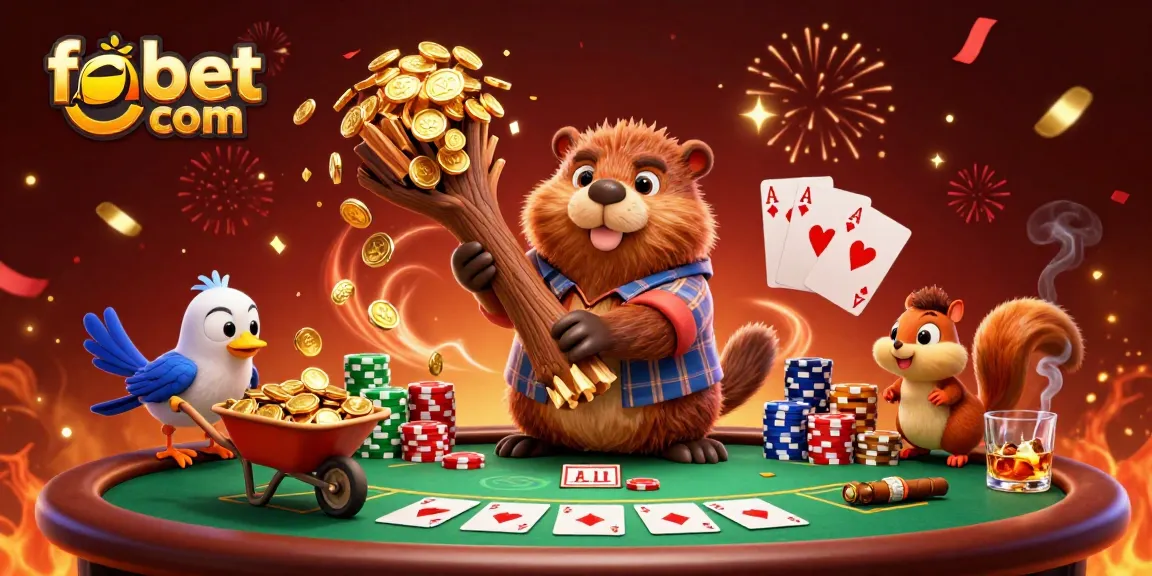 Win big with fabet com while the beaver chops trees raining gold coins in this vibrant casino scene.