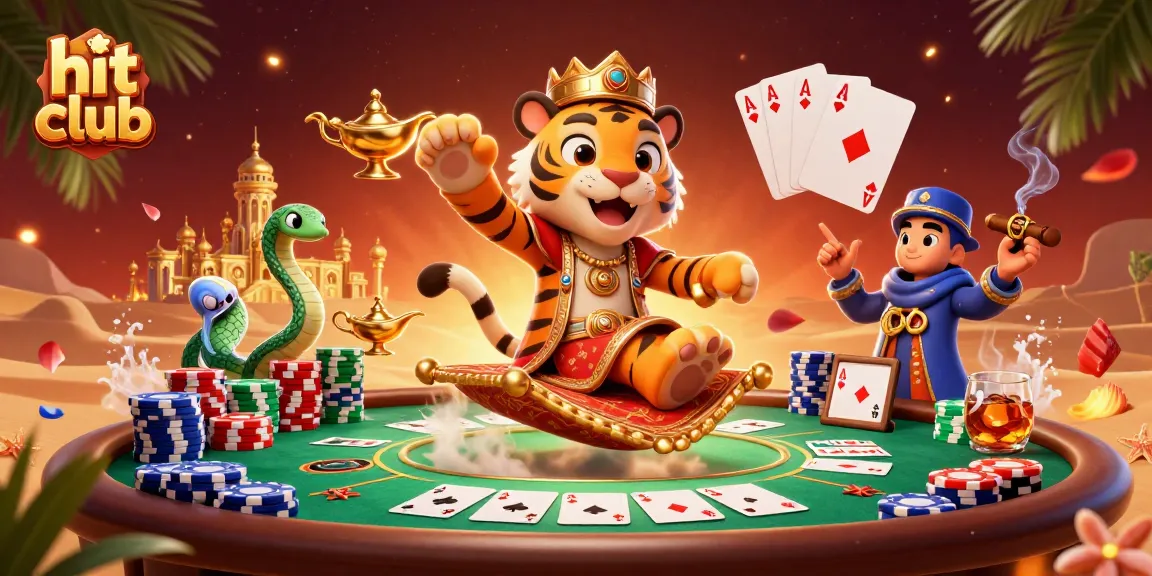 Experience the excitement of hit club with a vibrant scene of a tiger sultan and poker elements actively engaging with thrill.