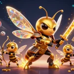 Experience thrilling victory with m98 q as golden hornets wield katanas among vibrant casino elements.