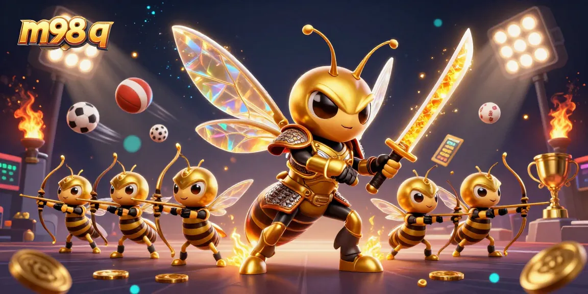 Experience thrilling victory with m98 q as golden hornets wield katanas among vibrant casino elements.