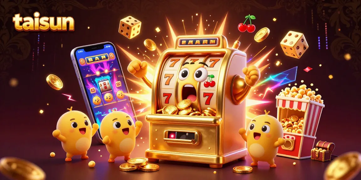 Experience excitement with taisun as the golden slot machine hits a jackpot, coins pouring everywhere.