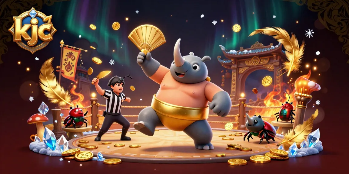 Experience the thrill of KJC with a vibrant scene of a cartoon beetle league, celebrating online gambling excitement.