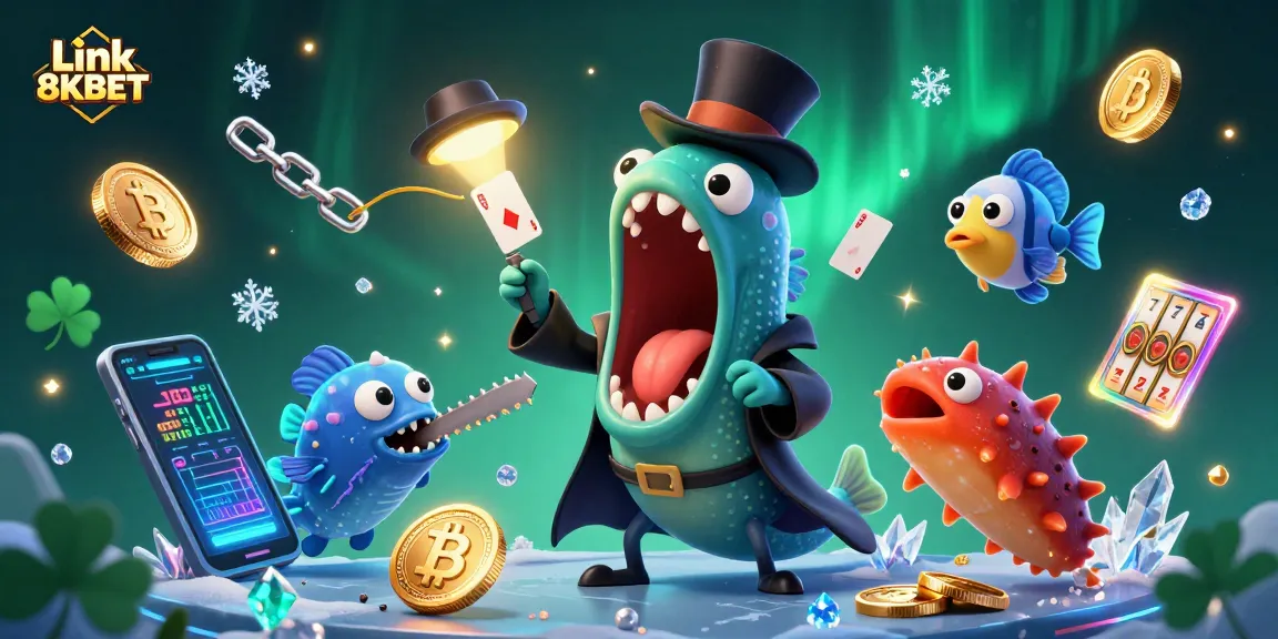 Experience thrilling action with the Link 8KBET as a deep-sea guper eel performs card tricks in a vibrant casino scene.