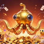 Experience the thrill of gambling with c168 as a golden kraken submarine emerges from golden coins, surrounded by dynamic gaming elements.
