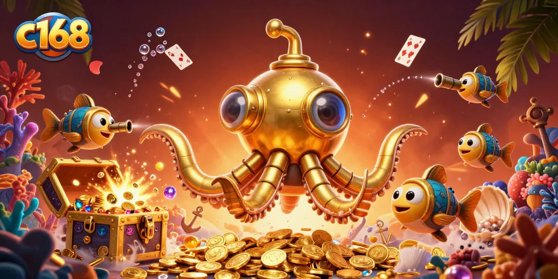 Experience the thrill of gambling with c168 as a golden kraken submarine emerges from golden coins, surrounded by dynamic gaming elements.