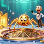 Engagingly place bets with nk88 in a vibrant, animated casino adventure featuring a roulette wheel.