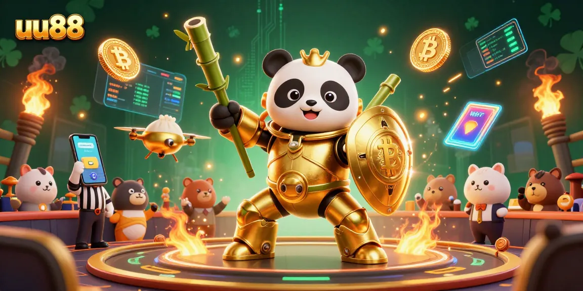 Engage with thrilling games at uu88, featuring a golden panda piloting a robot in an immersive casino arena.