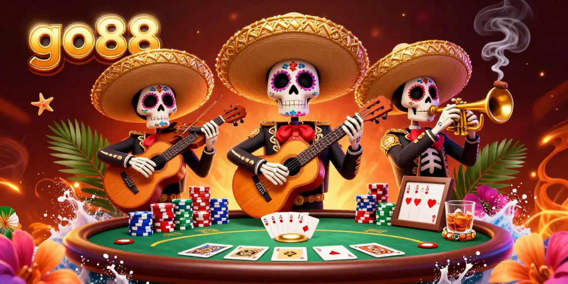 Experience go88 with lively mariachi skeletons amid poker excitement and colorful casino elements.