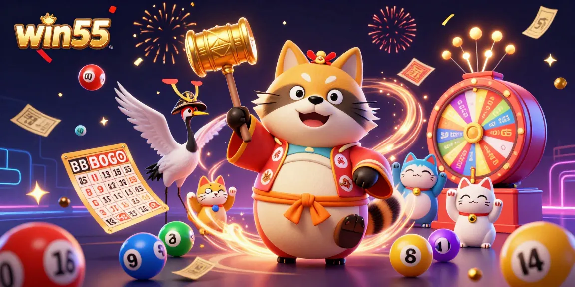 Win55 brings excitement to gaming with colorful elements and engaging characters in this dynamic illustration.
