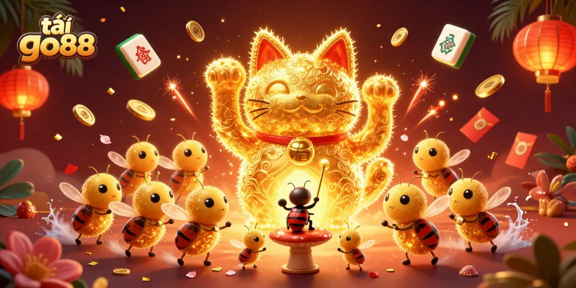 Experience the thrill of tải go88 with a vibrant scene of a golden lucky cat and festive casino elements.