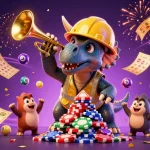 32win showcases a lively celebration with a triceratops and lottery elements in a casino-themed illustration.
