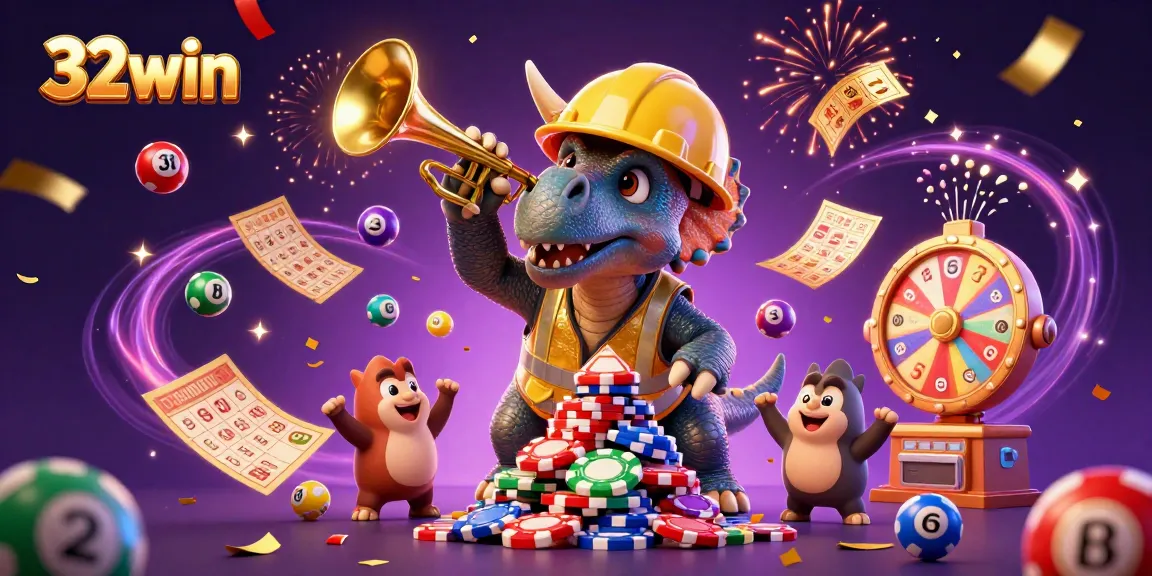 32win showcases a lively celebration with a triceratops and lottery elements in a casino-themed illustration.