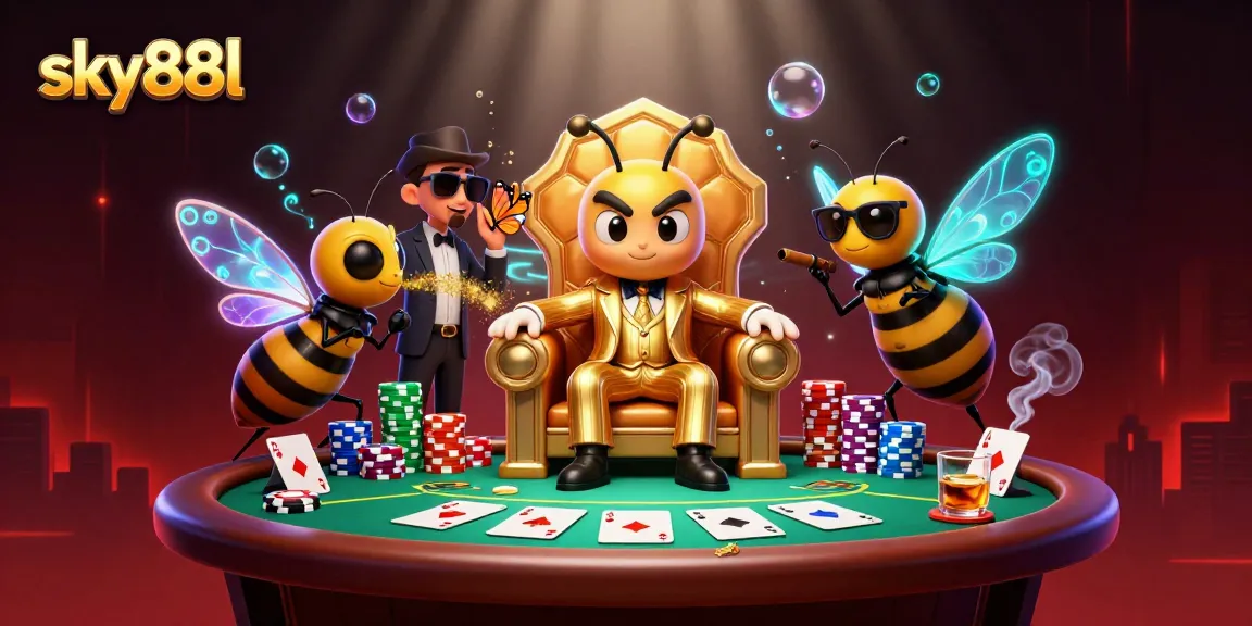 Explore the sky88l poker scene filled with an exciting bumblebee mob boss and vibrant casino action.