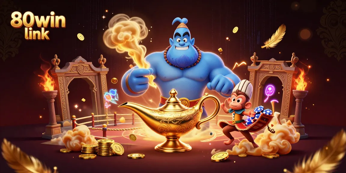 Experience the magic of the 80win link with a powerful genie, poker chips, and casino excitement.