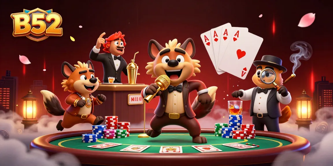 B52 hyenas running a comedy casino with poker elements and dynamic interactions in a vibrant atmosphere.