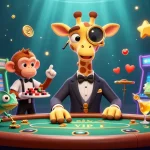 Join the fun at KJC as the high-roller giraffe plays poker in a vibrant casino scene.