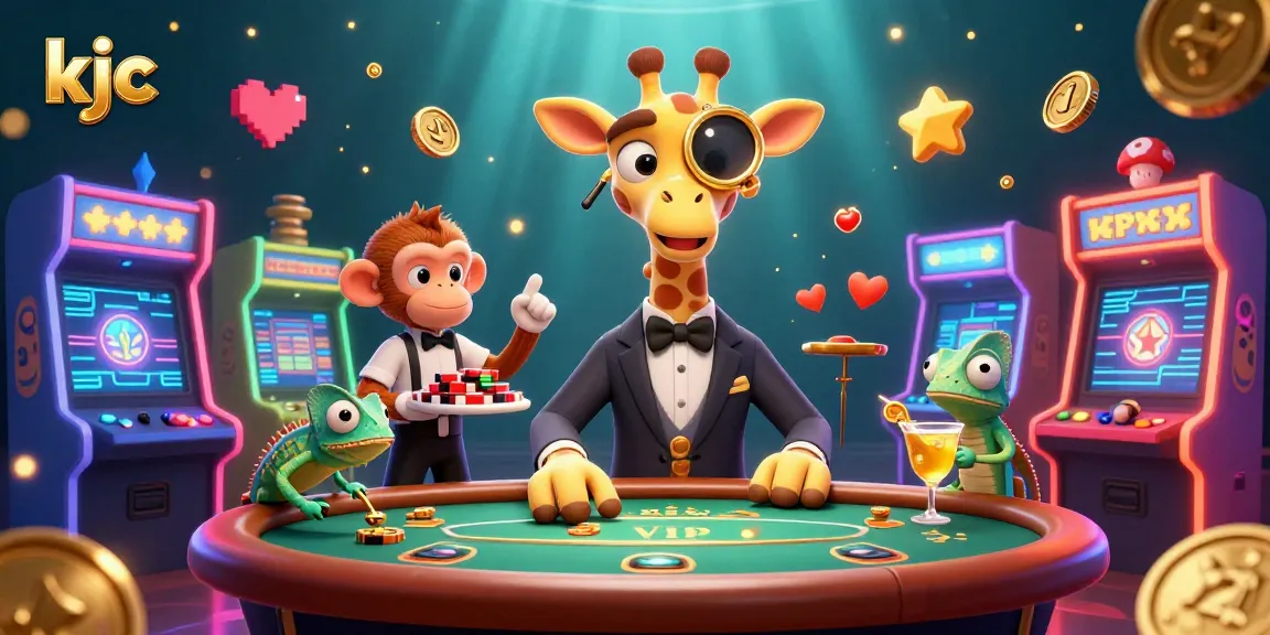 Join the fun at KJC as the high-roller giraffe plays poker in a vibrant casino scene.