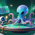 LLWIN alien octopus interacts at a virtual poker table amid vibrant casino elements.