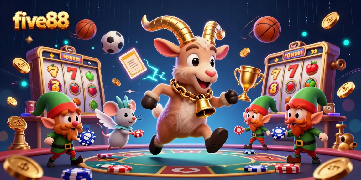 five88 casino featuring a festive Krampus goat, angel mouse, and elf gremlins engaged in game-themed chaos.