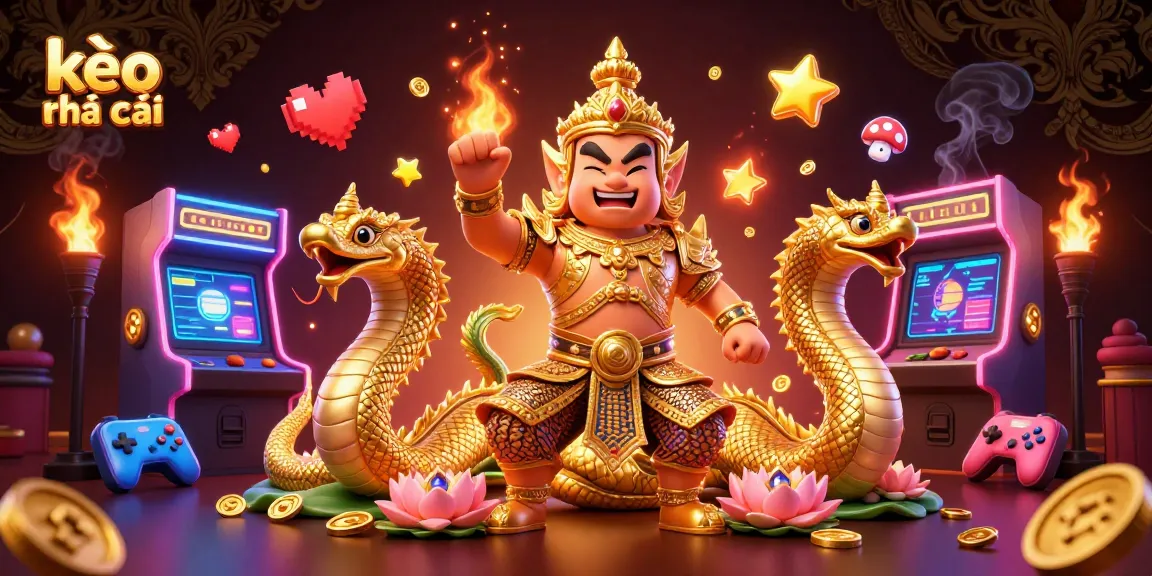 Engage with kèo nhà cái in a vibrant 3D animated gaming scene featuring a golden yaksha guardian and Naga companions.