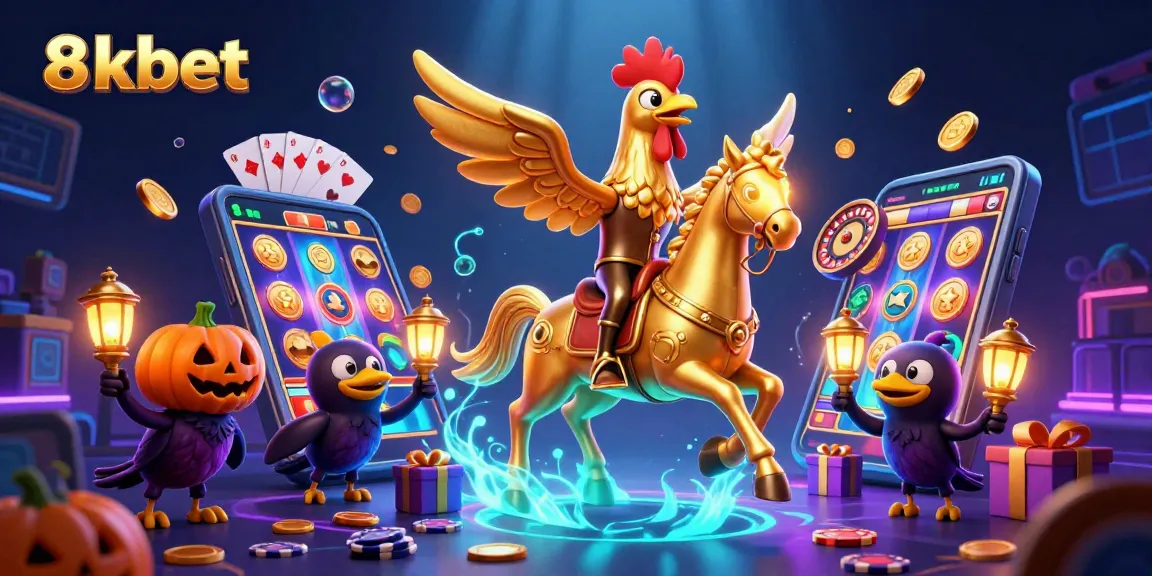 Engage with the vibrant 8xbet casino scene featuring a golden rooster, smartphone slot games, and festive crows.