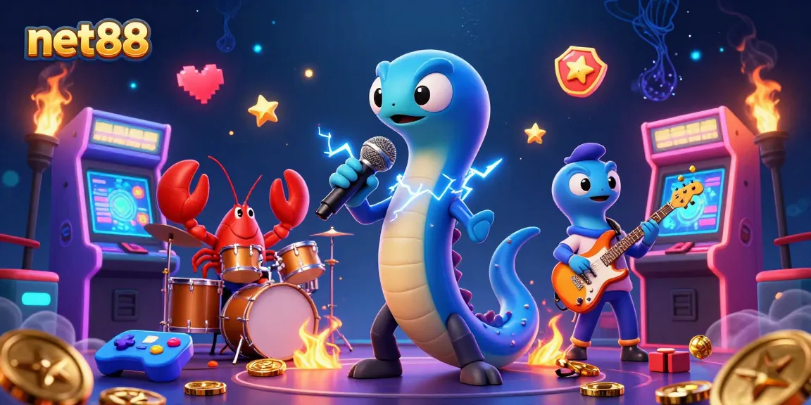 Engage with net88's vibrant underwater casino scene featuring electric eel entertainers and colorful arcade elements.