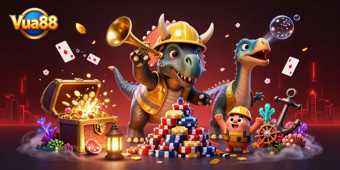 Vua88 gaming experience illustrated with cartoon dinosaurs building poker chips amidst treasure elements