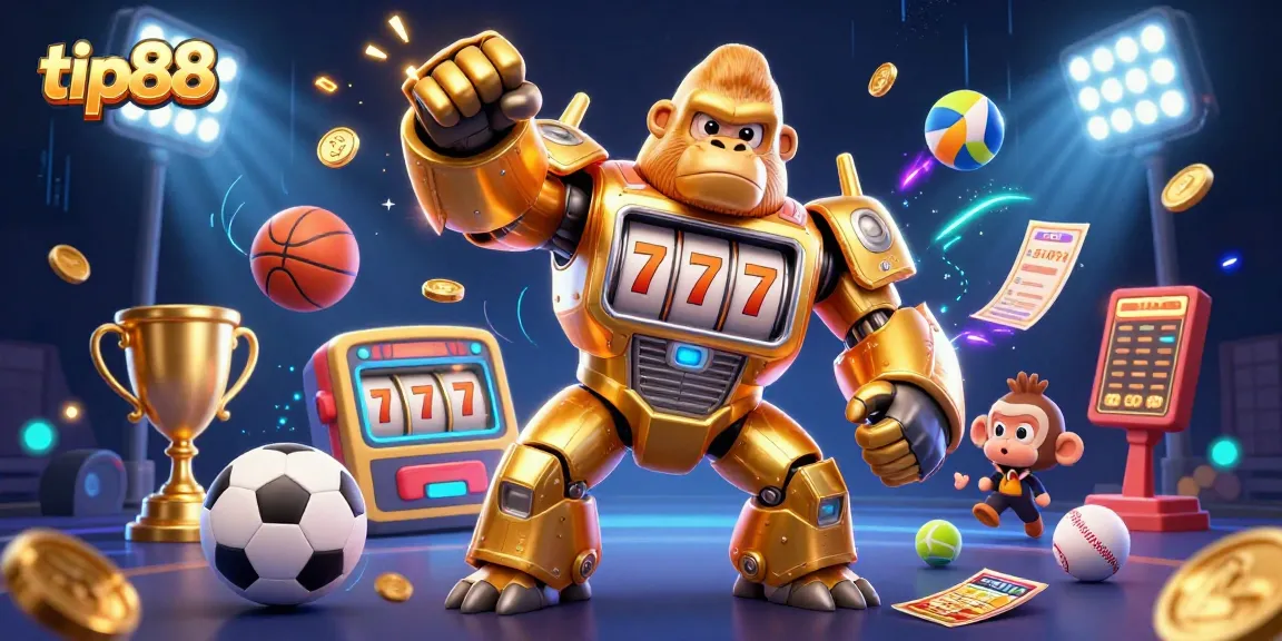 Experience tip88 sports betting thrill with a vibrant scene featuring a golden gorilla mech and dynamic sports elements.