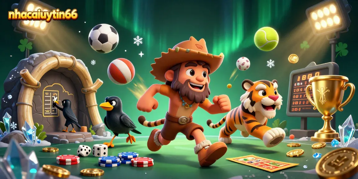 nhacaiuytin66 features an energetic prehistoric casino scene with caveman, tiger, and sports elements.