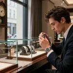 Stylish individual examining premium replica watches in a luxury boutique, showcasing elegance and sophistication.