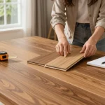 Laminate flooring experts assessing wood samples in a cozy living room setting.