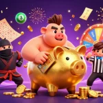 Celebrate winning with debet's golden piggy bank sumo wrestler in an exciting lottery scene.