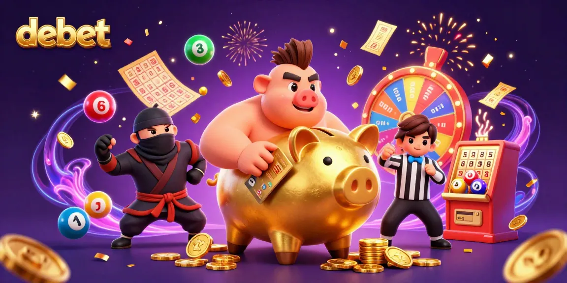 Celebrate winning with debet's golden piggy bank sumo wrestler in an exciting lottery scene.
