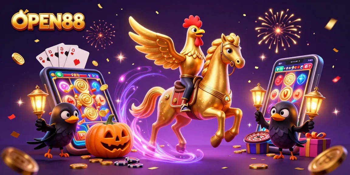 OPEN88 showcases a vibrant casino experience with a golden rooster navigating excitement in gaming.