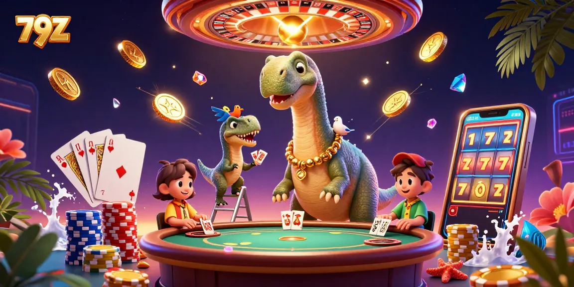 Engage with 79Z's high-energy casino scene featuring vibrant characters, poker action, and dynamic game elements.