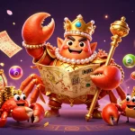 Experience the excitement of Debet with vibrant casino elements and a majestic king crab.
