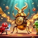 Nổ Hũ with golden stag beetle champion and ladybug corner-man in a dynamic casino showdown