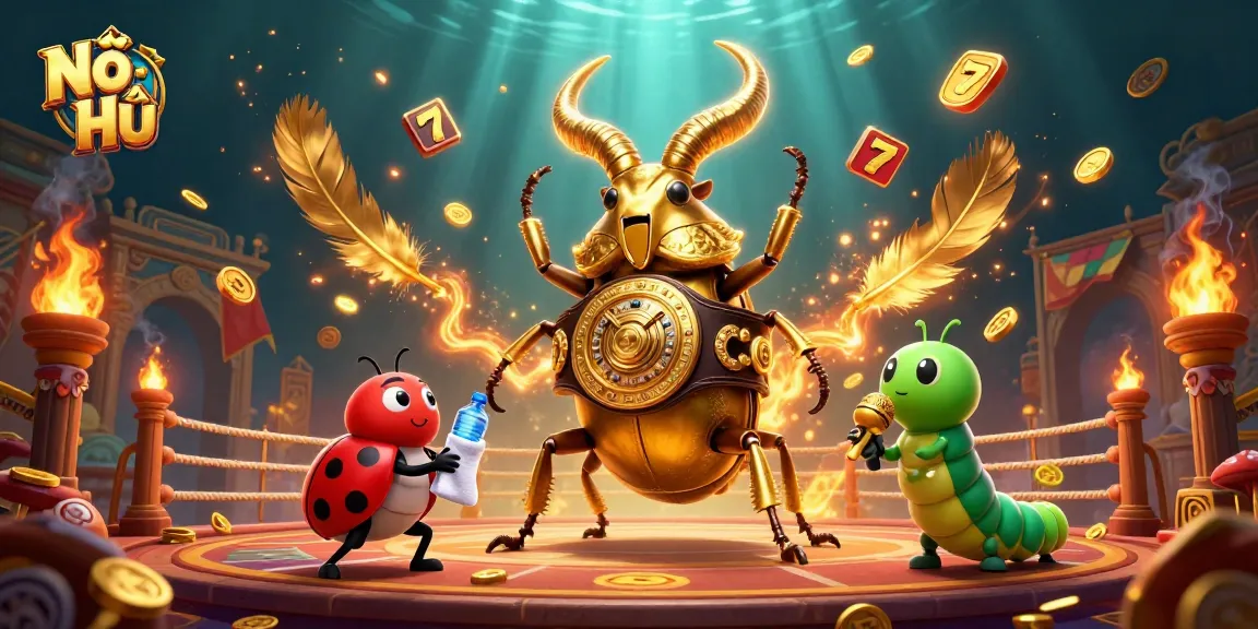 Nổ Hũ with golden stag beetle champion and ladybug corner-man in a dynamic casino showdown