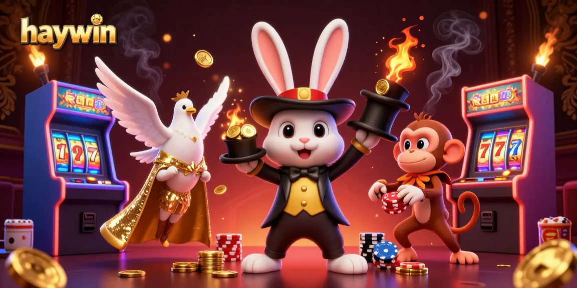 Engage in thrilling gameplay at Haywin's vibrant casino with golden coins flying and interactive elements.