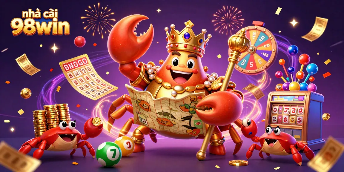 Experience excitement at nhà cái 98win with a dynamic illustration of games, winnings, and celebration.