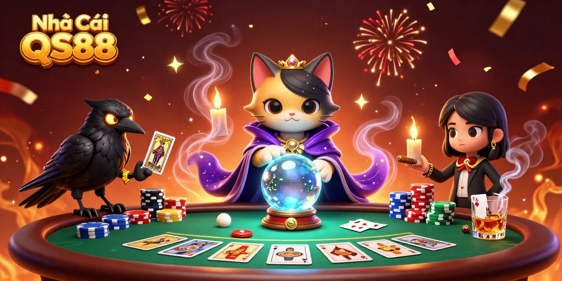 Experience thrilling poker action with Nhà Cái QS88's vibrant, energetic casino illustration.