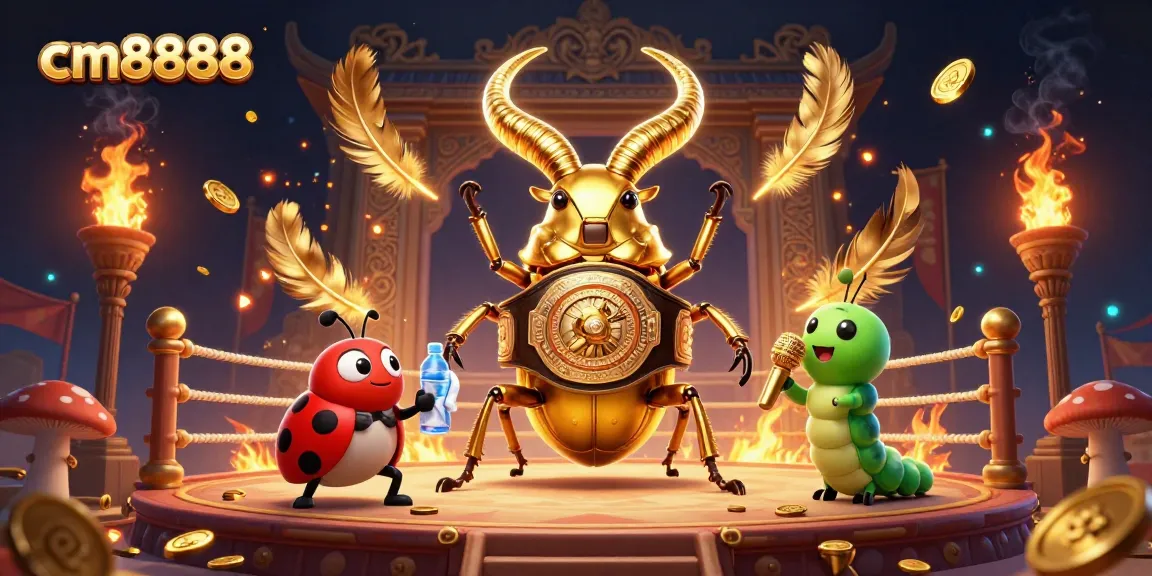Bet big with cm8888 as a golden stag beetle champions an epic gambling showdown in a vibrant scene.
