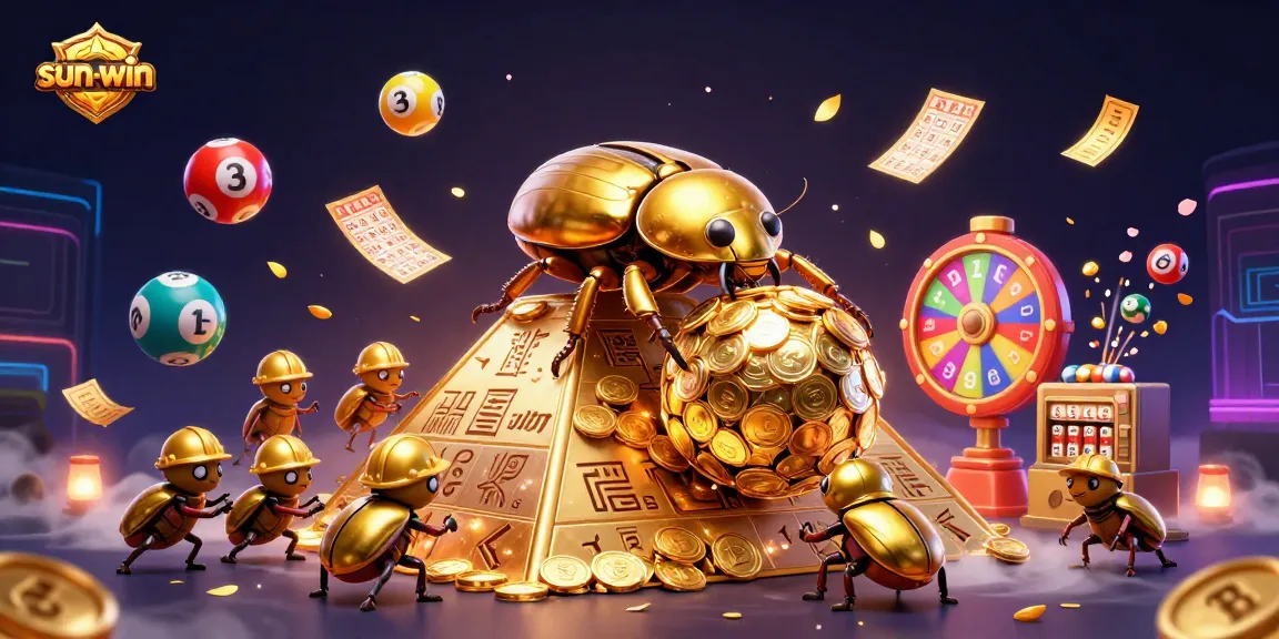 Sun-win team of golden beetles symbolize gaming excitement in a playful 3D casino scene.